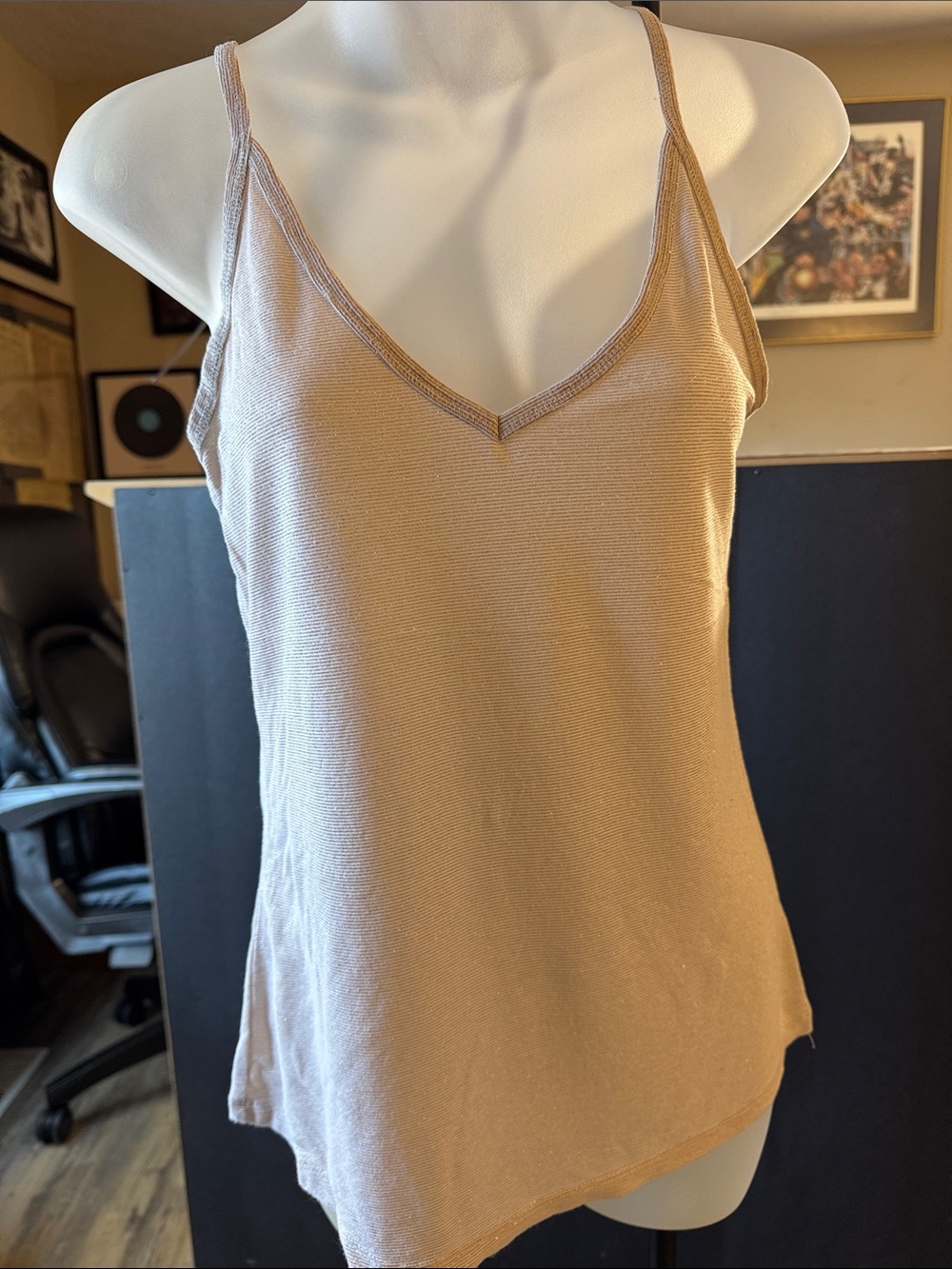 Women’s V-Neck Slim Tank Top - Beige with slight pink with gold thread shimmer